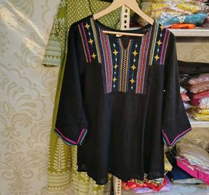 Embroidered Black Cotton short Kurti