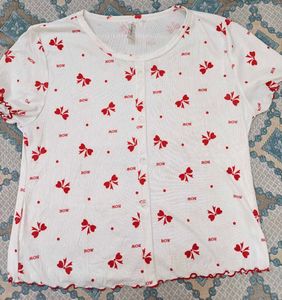 Cute Bow Print White Button-Up Top
