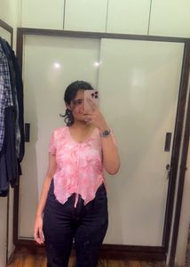 Sheer Floral Print Tie-Front Top