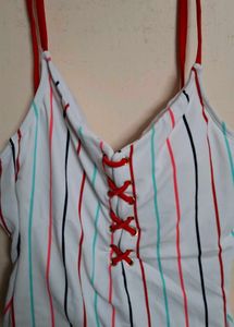 Striped One-Piece Swimsuit with Lace-Up Detail