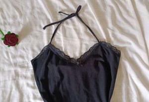 Black lace trim halter slip night dress