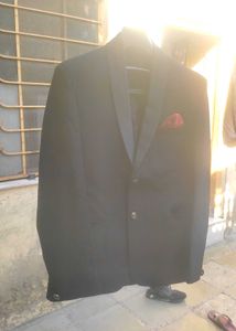 Classic Black Blazer with Red Pocket Square