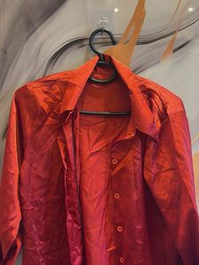 Chic Red Satin Button-Up Shirt