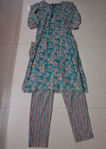 Blue Floral Print Kurta with Striped Pants