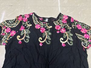 Boho-Chic Embroidered Yoke Black Tunic Top