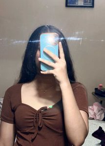 Brown Ribbed Tie Front Top🤎