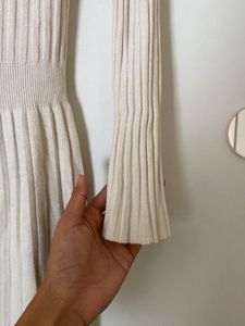 Cream Ribbed Knit Button-Up Midi Dress