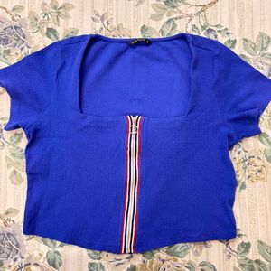 Blue Ribbed Zip Front Cropped Top