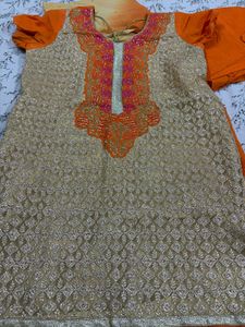 Elegant Beige Kurta Set with Orange Dupatta