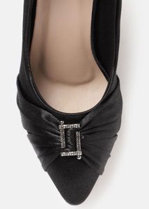 (New) Elegant Black Satin Heels with Embellishment