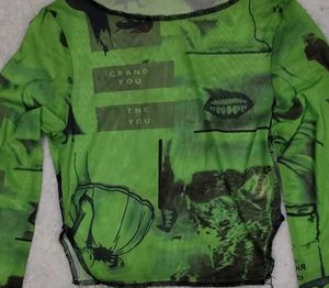 Green Graphic Mesh Long Sleeve Top