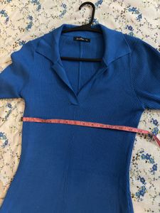 Blue Collared Knit Midi Dress