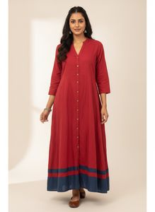 Red Button-Down long  Kurta /dress  with Blue Hem