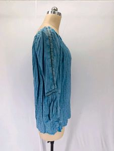 Blue Boho Tassel Tie Neck Blouse