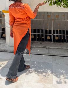 Orange foil print kurta
