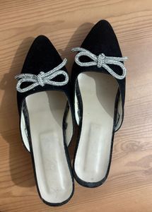 Black Mules with Rhinestone Bow Accent