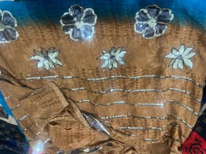 Elegant Blue &amp; Brown Floral Saree