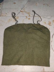 Olive Green Beaded Strap Crop Top