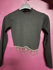 Sparkling Rhinestone Fringe black Crop Top
