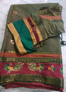 Olive Green Cotton Saree