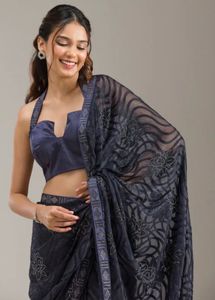 Koskii Blue Floral Stonework Chiffon Saree