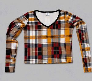 Plaid V-Neck Long Sleeve Top