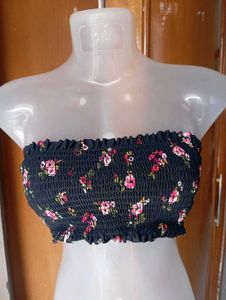 Smocked Floral Bandeau Bikini Top