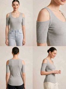 Grey Cold Shoulder Ribbed Dress