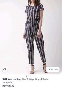 Navy Blue and Beige Striped Basic Jumpsuit