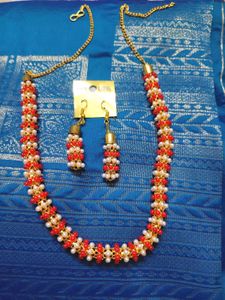 Red & White Beaded Necklace with Earrings Set