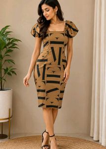 Stylish Brown & Black Print Midi Dress