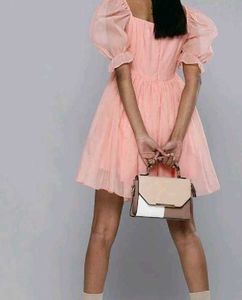 Elegant Peach Puff Sleeve Dress