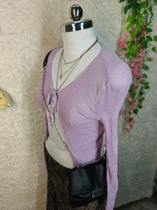 Lavender Tie-Front Ribbed Cardigan