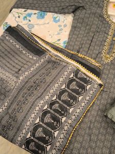 Elegant Grey Printed Kurta Set with Dupatta