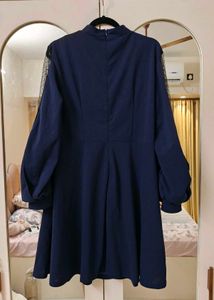 Navy Blue Dress with Sheer Sleeves