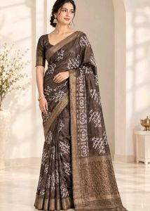 Brown Printed Saree with Gold Border