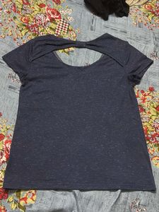 Navy Blue V-Neck Top with Back Detail