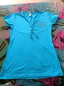 Blue Lace-Up V-Neck Tee