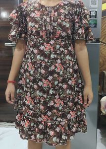 Brown Floral Ruffle Dress