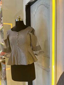 Stylish Grey Peplum Blouse with Sheer Sleeves
