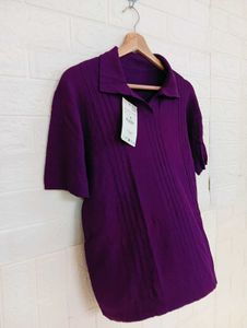 Elegant Purple Collared Short Sleeve Knit Top