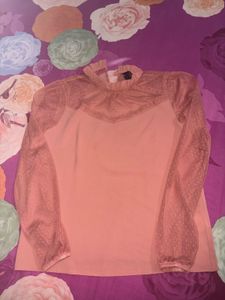 Zink Sheer Sleeve Ruffled Neck Top