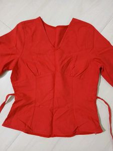 V-Neck Red Flared Sleeve Top