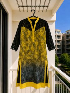 Yellow &amp; Black Printed Kurta with Lace Sleeves