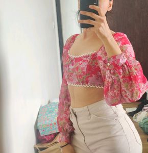 New Charming Cute Red Printed Crop Top
