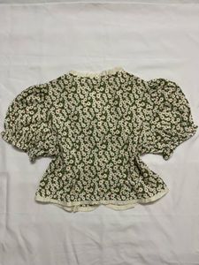 Green Floral Puff Sleeve Blouse top
