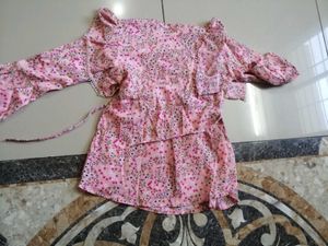 Pink Floral Smocked Ruffle Top with Side Tie