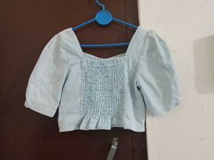 denimLight Blue Square Neck Puff Sleeve Top