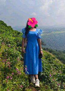 Blue Square Neck Puff Sleeve Midi Dress