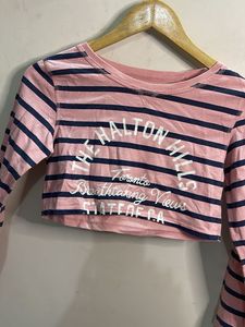 Pink Striped Cropped Long Sleeve Top